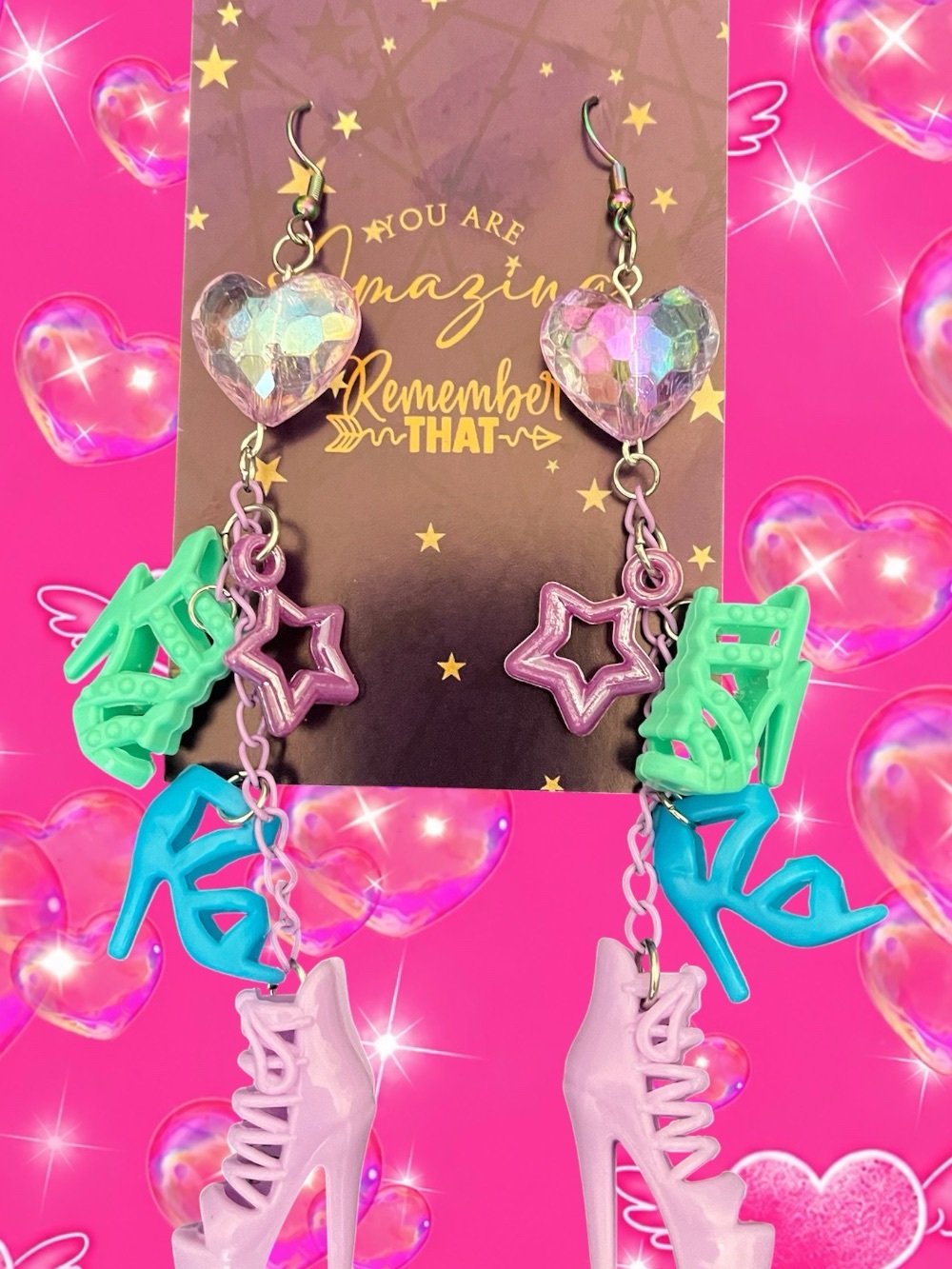 Heart & Roller Skate Dangle Earrings - Pink, Green, Blue -
